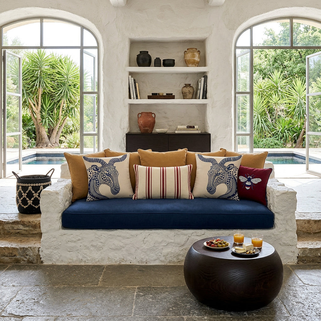 Photo professionnelle de décoration d'intérieur, salon Arty dans une villa provençale baignée de soleil . Au premier plan vue de face d'un canapé taillé dans la pierre blanchie surélevé sur une marche en pierres rustiques, assises en twill bleu indigo orné de coussins mzelle design motif animalier, et un petit pouf en coton rouge grenat brodé d'une abeille blanc et bleu. Mur blanchis à la chaux, grande commode design épuré en bois wengé garni de quelques livres.