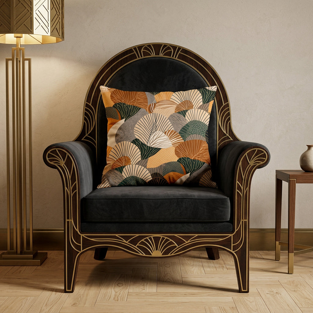 Photographie professionnelle haute qualité d'un coussin mzelle design motif abstrait art déco, disposé sur un fauteuil noir inspiration art déco, finition laiton, dossier haut, disposé dans décor beige, sobre, sol en parquet clair.