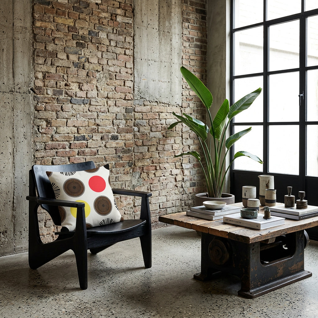 Photo professionnelle décoration hybride industrielle Mid-Century Modern arty. Vue 3/4 d’un fauteuil bas en bois noir patiné orné d'un large coussin graphique mzelle design,  Mur  en briques anciennes vieillies mêlées à des sections de béton brut texturé, grande fenêtre atelier en acier anthracite, table basse réalisée à partir de bois récupéré et d'ancienne structure industrielle en métal noirci, accumulation subtile de céramiques modernistes, livres d’art.