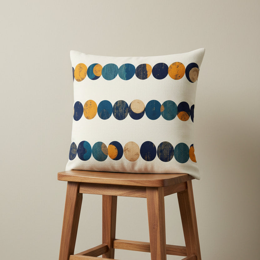 Photographie professionnelle extrêmement détaillée et de haute qualité d'un coussin mzelle design motifs géométriques, disposé sur un tabouret japonais moderne en bois d'acacia vernis contre un mur, dans un décor minimaliste beige neutre.
