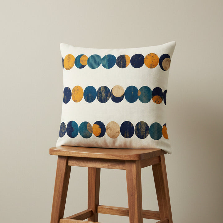 Photographie professionnelle extrêmement détaillée et de haute qualité d'un coussin mzelle design motifs géométriques, disposé sur un tabouret japonais moderne en bois d'acacia vernis contre un mur, dans un décor minimaliste beige neutre.