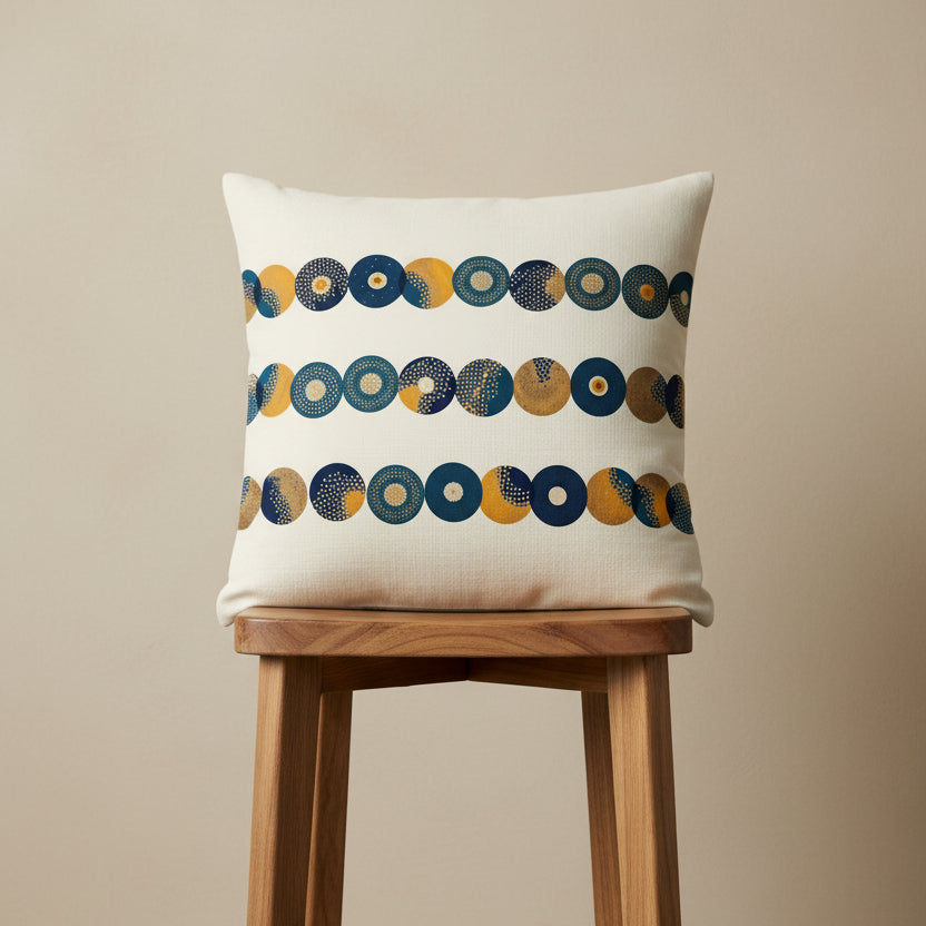 Photographie professionnelle extrêmement détaillée et de haute qualité d'un coussin mzelle design motifs géométriques, disposé sur un tabouret japonais moderne en bois d'acacia vernis contre un mur, dans un décor minimaliste beige neutre.