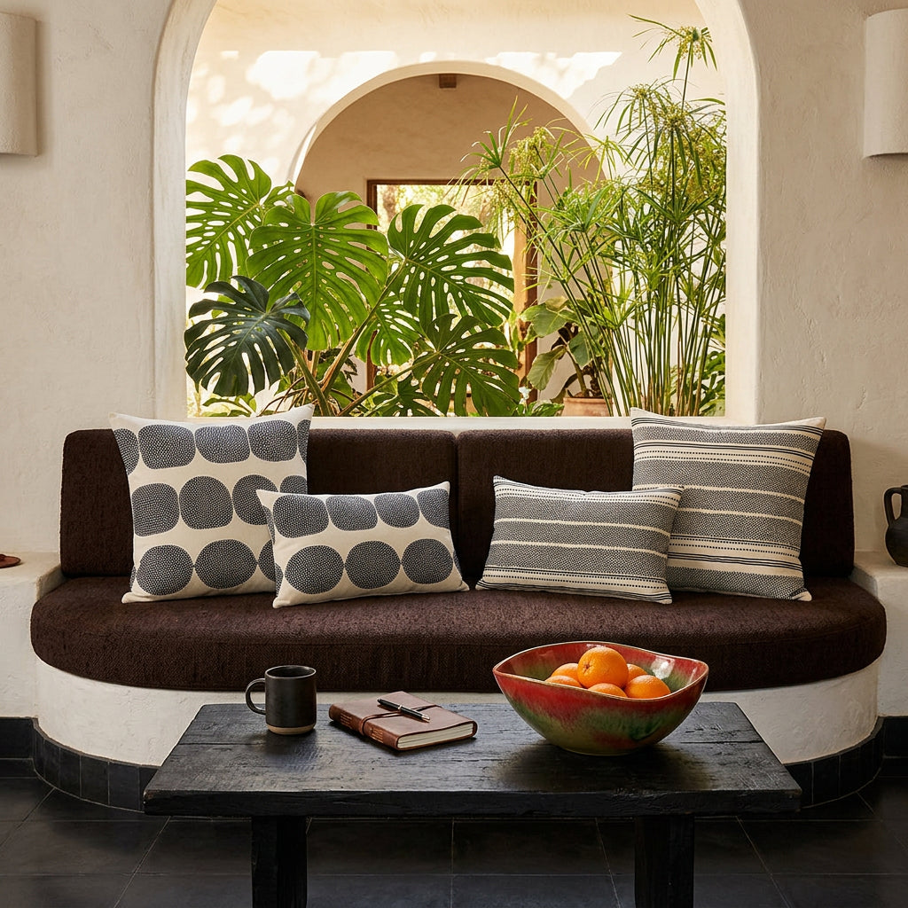 Photo professionnelle patio de villa créole baignée de soleil avec murs blanchis à la chaux, canapé en demi-lune, intégré dans le mur , assises marron foncé orné de 4 coussins carré et rectangles mzelle design style graphique, dans un agencement harmonieux, carrelage brutaliste noir au sol, Table basse en bois noir avec une tasse de café, carnet, coupe en grès rouge et vert dégradé contenant des oranges. 