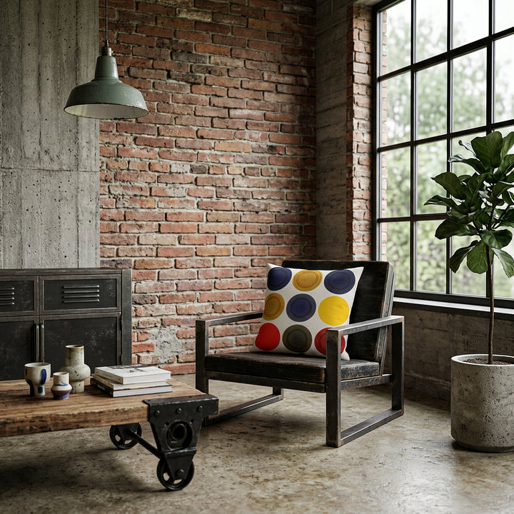 Photo professionnelle décoration hybride industrielle Mid-Century Modern arty.  Fauteuil bas en bois noir patiné sans accoudoirs mais structure épaisse cubique, orné d'un large coussin graphique mzelle design, Mur en briques anciennes vieillies mêlées à des sections de béton brut texturé, grande fenêtre atelier en acier anthracite, table basse réalisée à partir de bois récupéré et d'ancienne structure industrielle en métal noirci, commode assortie.