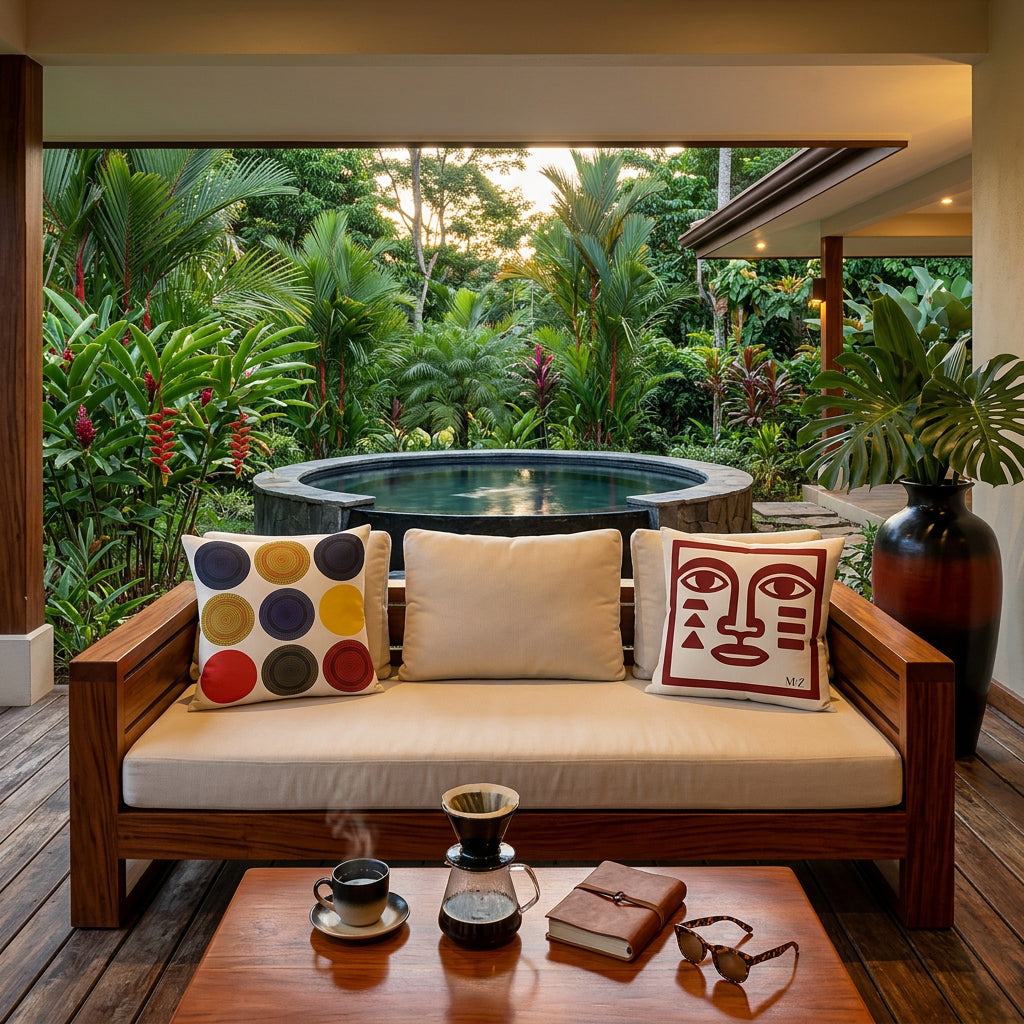 Photographie professionnelle extrêmement détaillée et de haute qualité d'une terrasse d'hôtel au Costa Rica, esprit estival, vue de face en gros plan sur un canapé moderne en bois d'acajou verni, structure épaisse et assises twill ecru, orné d'un grand coussin géométrique et graphique mzelle design, exposé sur la véranda , vue sur jardin luxuriant, et piscine ronde à bassin foncé