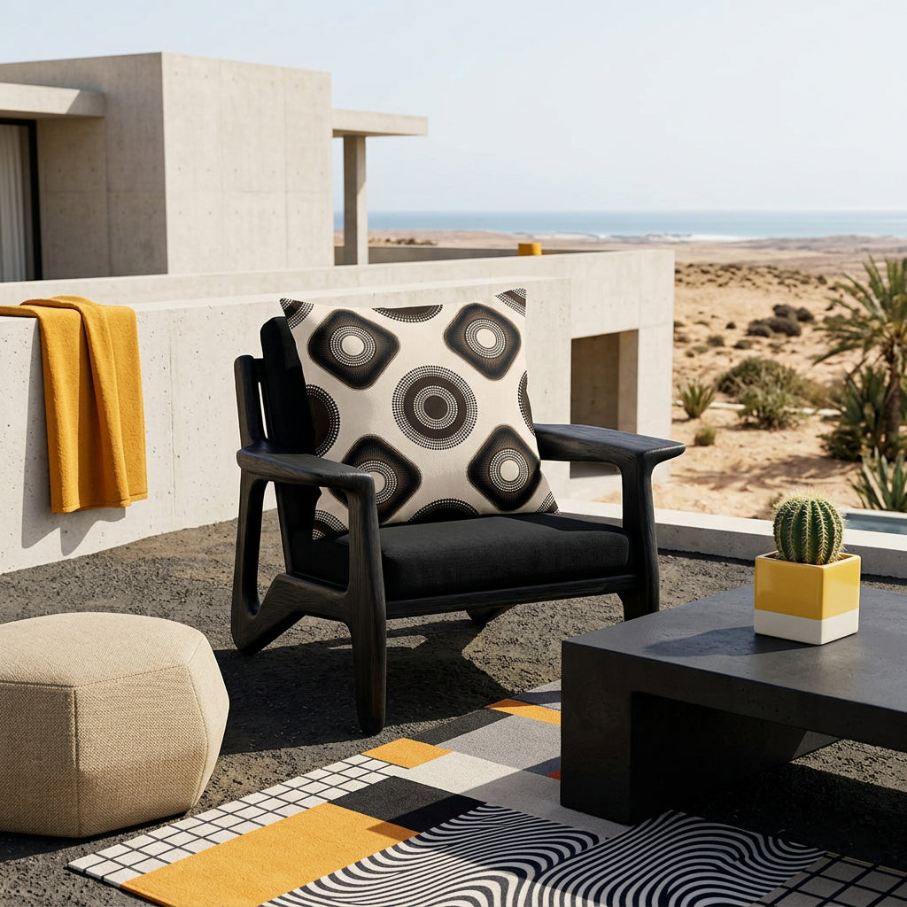 Photographie professionnelle d'une villa d'inspiration subsaharienne et brutaliste, dans une oasis du désert tunisien. vue d'un superbe fauteuil à la structure en bois au design audacieux, assise de couleur noire ornée d'un grand coussin mzelle design style graphique. Mobilier avant-gardiste aux lignes organiques et géométriques. Table basse noire monolithique.