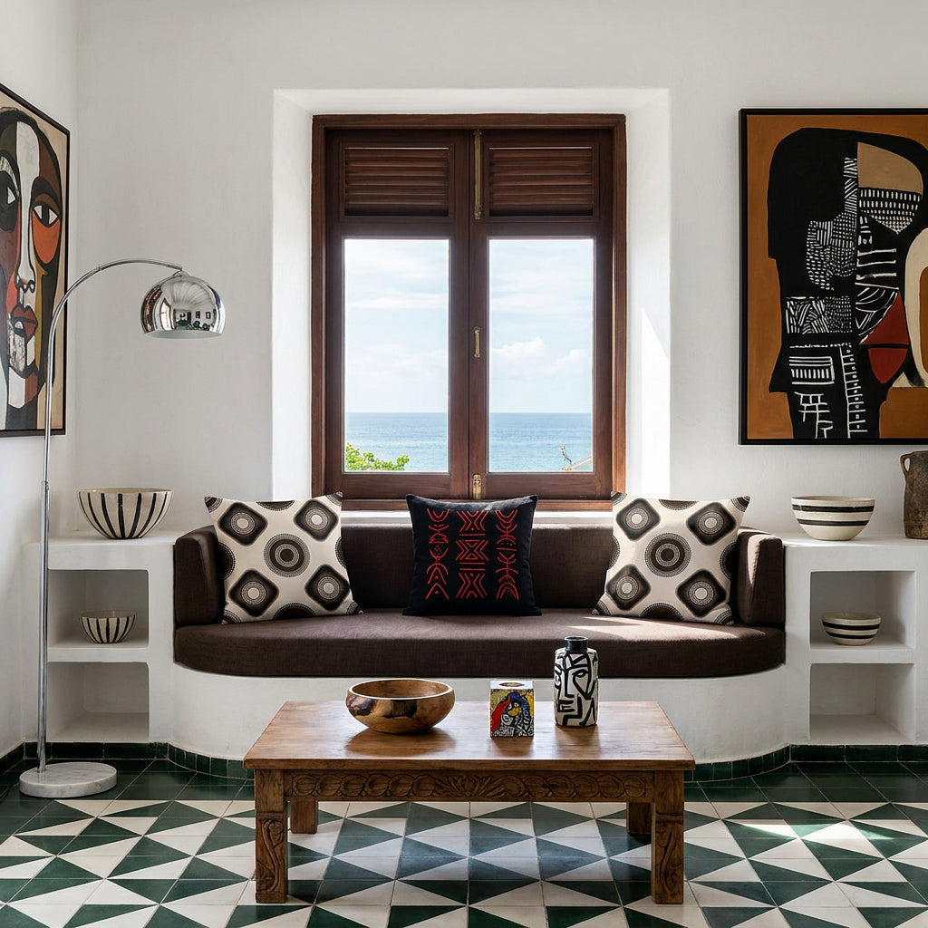 Photo professionnelle décoration graphique, salon Arty dans une villa créole baignée de soleil avec murs blanchis à la chaux, fenêtre en bois sombre, vue mer et canapé en demi-lune, avec un coussin mzelle design style géométrique, et au centre un coussin en coton noir brodé de motifs tribaux rouge abstraites. Art contemporain audacieux au mur, carrelage brutaliste noir au sol, table basse en bois sculpté à la main, décoration street art. 