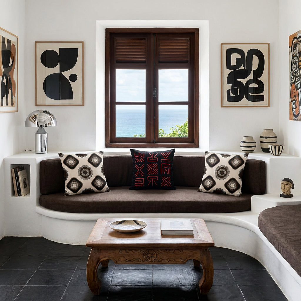 Photo professionnelle décoration graphique, salon Arty dans une villa créole baignée de soleil avec murs blanchis à la chaux, fenêtre en bois sombre, vue mer et canapé en demi-lune, avec un coussin mzelle design style géométrique, et au centre un coussin en coton noir brodé de motifs tribaux rouge abstraites. Art contemporain audacieux au mur, carrelage brutaliste noir au sol, table basse en bois sculpté à la main, décoration street art. 