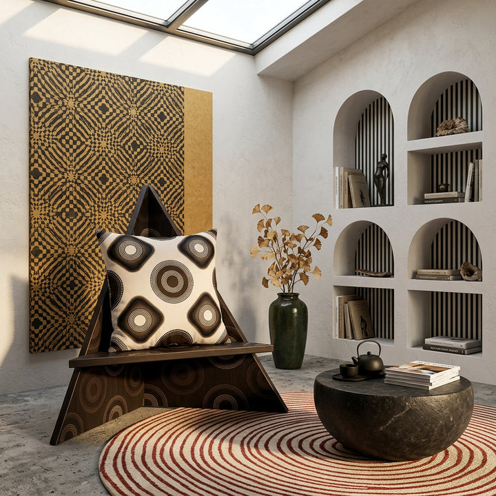 Photographie professionnelle d'un appartement inspiré de l'esthétique wabi-sabi mélangée à un design contemporain. Vue de face d'une chaise en bois en forme de triangle à motif de lignes de cercles marron foncé et blancs, ornée d'un grand coussin mzelle design, graphisme tribal moderne.