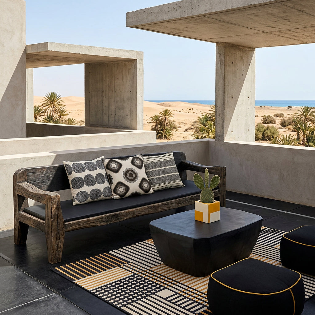 Photographie professionnelle d'une villa d'inspiration brutaliste, dans une oasis du désert tunisien. vue d'un superbe canapé à la structure en bois au design audacieux, assise de couleur noire ornée de trois coussins graphiques mzelle design . Mobilier avant-gardiste aux lignes organiques et géométriques. Table basse noire monolithique. Tapis graphique.