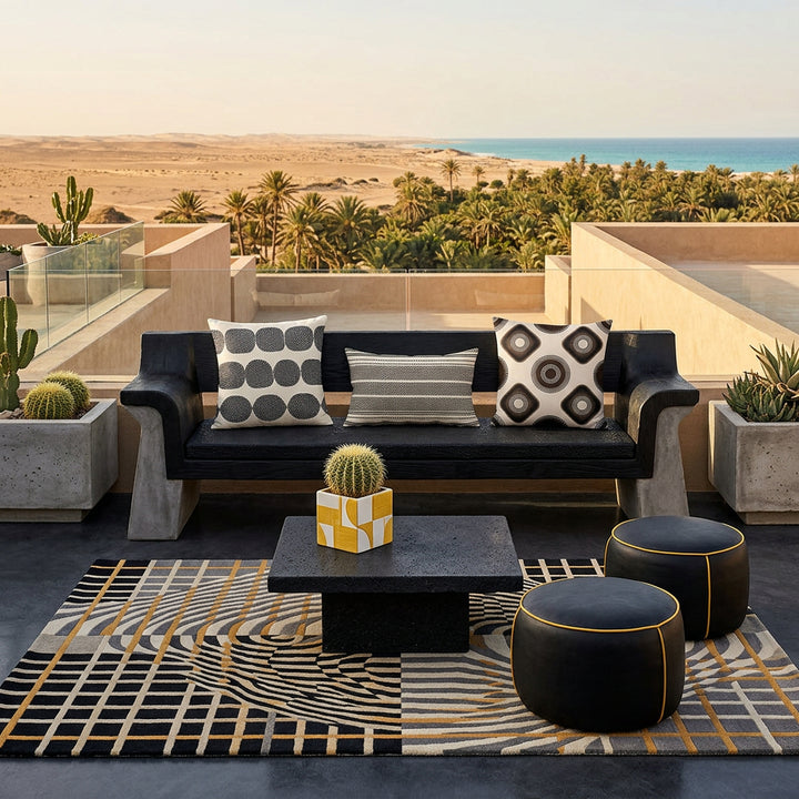 Photographie professionnelle d'une villa d'inspiration brutaliste, dans une oasis du désert tunisien. vue d'un superbe canapé à la structure en bois au design audacieux, assise de couleur noire ornée de trois coussins graphiques mzelle design . Mobilier avant-gardiste aux lignes organiques et géométriques. Table basse noire monolithique. Tapis graphique.