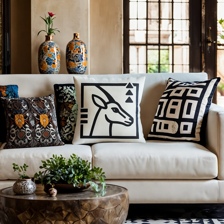 Décoration intérieur avec des coussins graphiques Mzelle Design, superbe imprimé tête de gazelle oryx et éléphant bicolore noir et écru, brut et élégant, entre art tribal et design contemporain