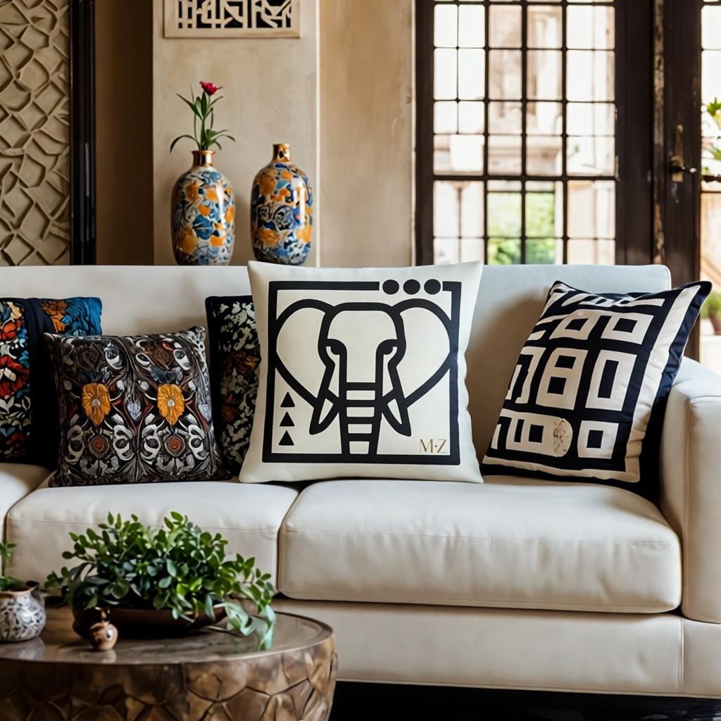Décoration intérieur avec des coussins graphiques Mzelle Design, superbe imprimé tête de gazelle oryx et éléphant bicolore noir et écru, brut et élégant, entre art tribal et design contemporain