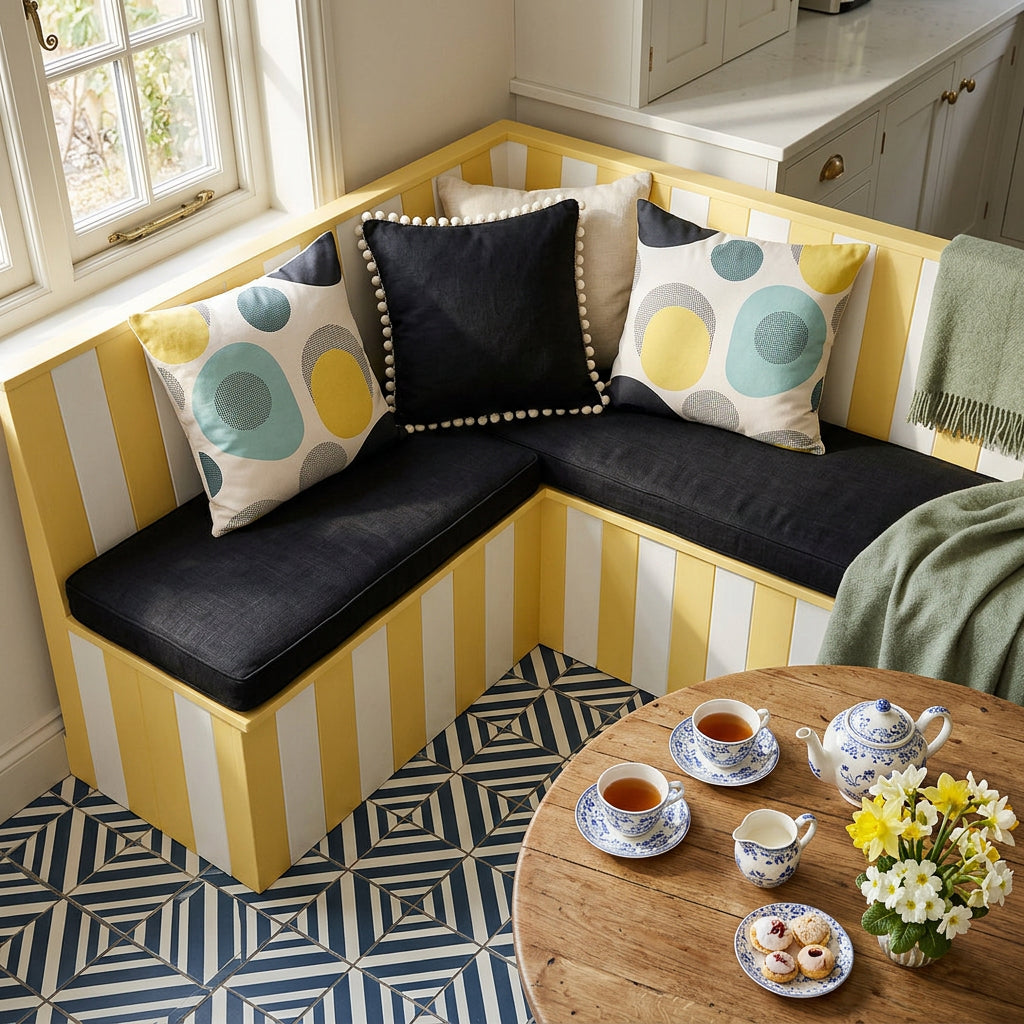 Photo professionnelle de décoration, maison d'hôte anglaise, vue en plongée d'une cuisine avec un angle aménagé avec une banquette-coffre moderne en bois peint rayures jaune et blanc, sans accoudoirs, assises en lin noir, accumulation harmonieuse de coussins décoratifs mzelle design vintage, sol carrelage géométrique bleu nuit et blanc formant des losanges, table ronde en bois rustique, garnie d'un service à thé en porcelaine fine.
