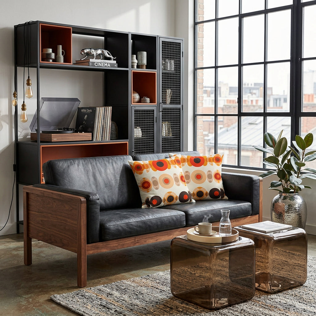 photo de décoration, Grand loft industriel, Mid-Century Modern hybride et éclectique, avec verrière noire style atelier baigné de lumière naturelle, vue de face sur un canapé vintage en cuir noir orné de 2 coussins mzelle design motifs géométriques retro. En arrière plan: Bibliothèque modulaire asymétrique noir mat avec niches orange brûlé en résine, style anciens casiers industriels, une Platine et des vinyles, livre de jazz. 