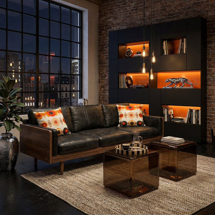 Décoration de loft industriel, Mid-Century Modern hybride et éclectique, avec verrière noire style atelier, lumière nocturne, vue de face sur un canapé structure en bois de noyer et assise vintage en cuir noir PU légèrement usé, orné d'un large coussin graphiques mzelle design motifs géométriques retro. En arrière plan: Mur en briques rustique, Bibliothèque avec niches orange brûlé en résine, style anciens casiers industriels, agencement esthétique.