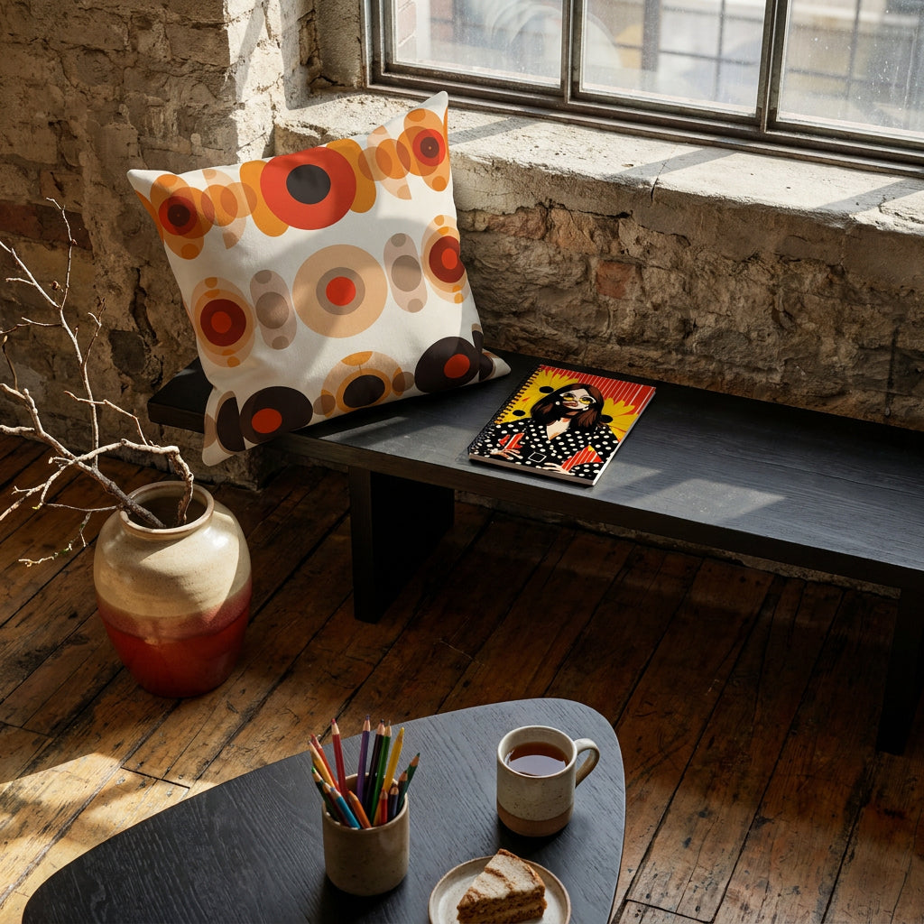 Photographie d’intérieur décoration de loft new yorkais, vue en plongée une banquette en bois noir, orné d'un large coussin et d'un carnet mzelle design,  adossé au mur brut en vieilles pierres, sol en bois ancien irrégulier, une table basse triangulaire en bois noir, orné d'un pot à crayons de couleurs, une tasse de thé et une part de cake.