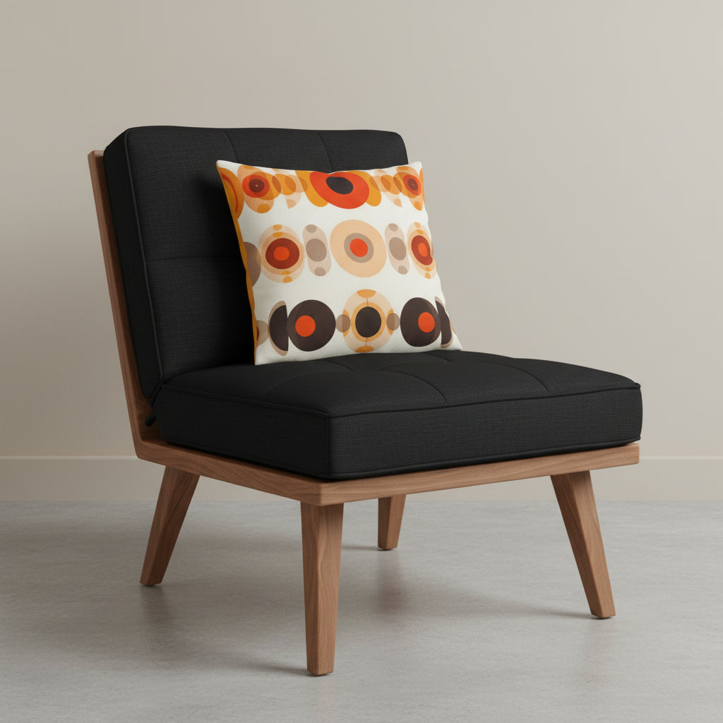 Photographie professionnelle d'un coussin  mzelle design motifs vintage, posé sur un fauteuil style futon moderne en bois d'acacia vernis sans accoudoirs,  assise en twill noir finement texturé, disposé dans un décor beige neutre, sobre, sol en ciment couleur unie.