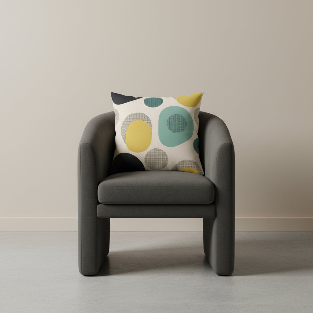 Photographie professionnelle qualité studio, extrêmement détaillée et de haute qualité d'un coussin graphique disposé sur un fauteuil gris anthracite inspiration BAHAUS, design audacieux à géométrie arrondie, disposé dans décor beige clair, sobre.