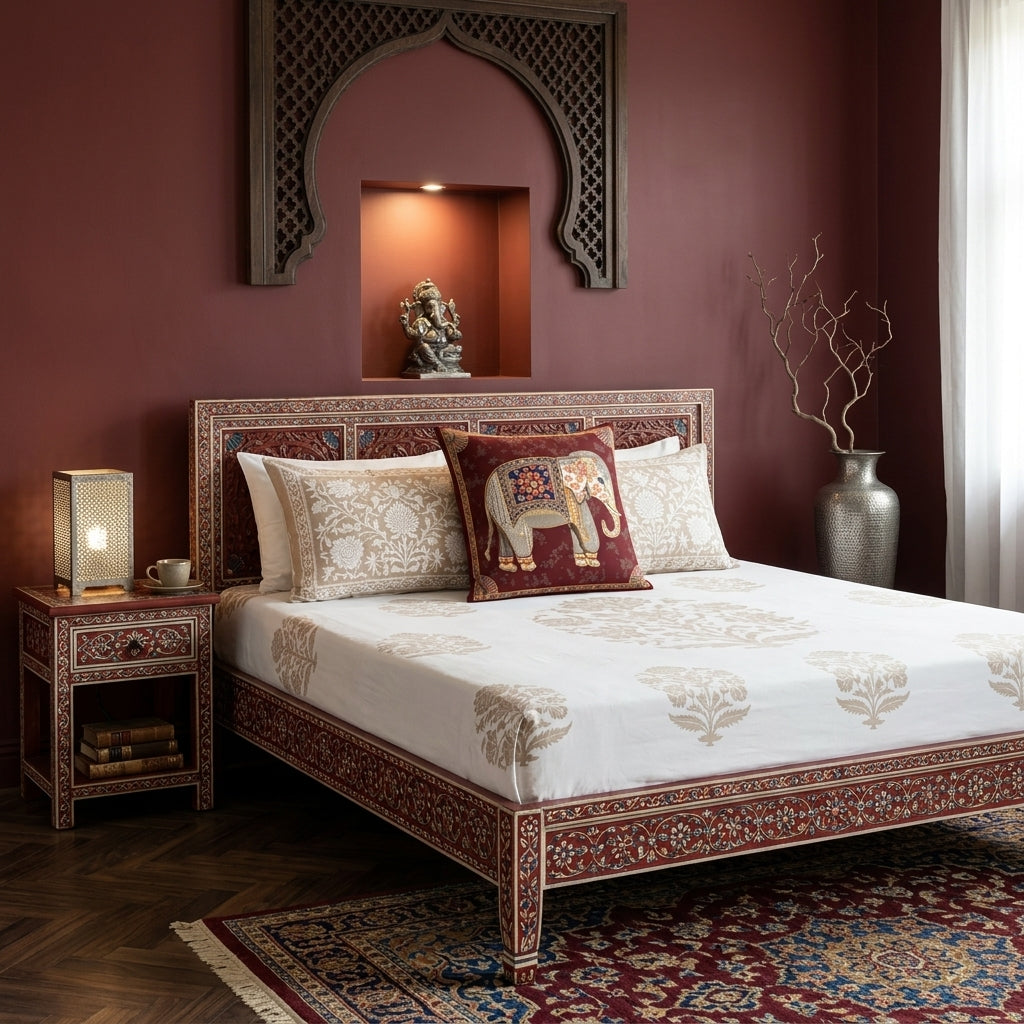 Photographie professionnelle de décoration de chambre esprit Boho chic, avec un superbe lit Style dravidien, structure en bois de manguier peint à la main de motifs floraux Indien rouges et blanc, ajouter un large coussin mzelle design motif éléphant au centre. Table de chevet en bois de manguier peint à la main et accessoires.