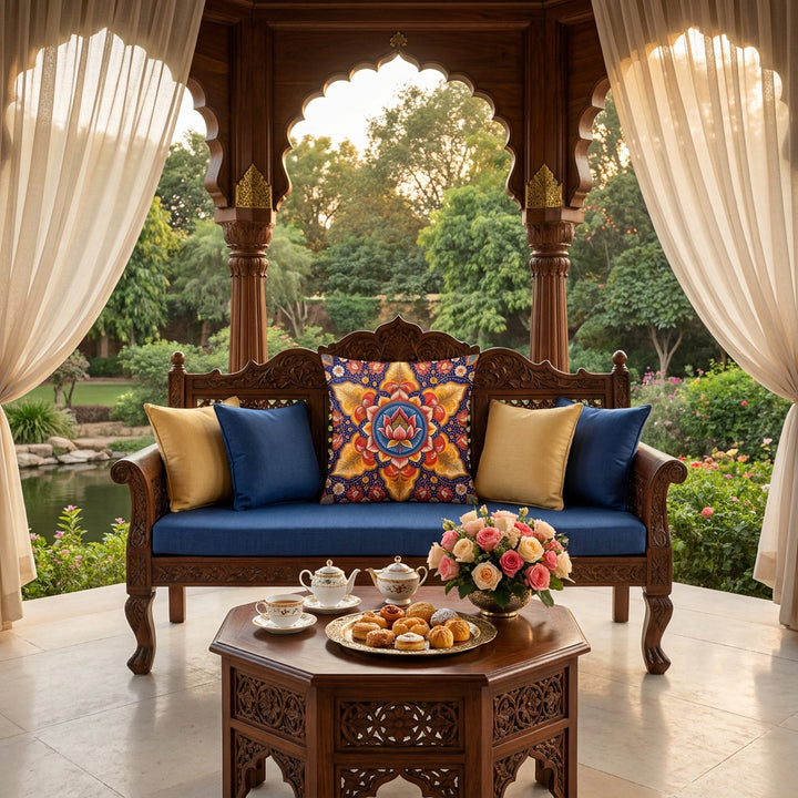 photographie professionnelle de décoration kiosque indien élégant en bois de palissandre sculptée à la main,  vue de face d'un banc sculpté en bois noble, orné d'un large coussin mzelle design motif mandala coloré au centre et 2 coussins unis jaune paille et bleu de chaque côté, petite table basse hexagonale assortie avec service à thé raffiné, porcelaine fine, pâtisseries orientales. 