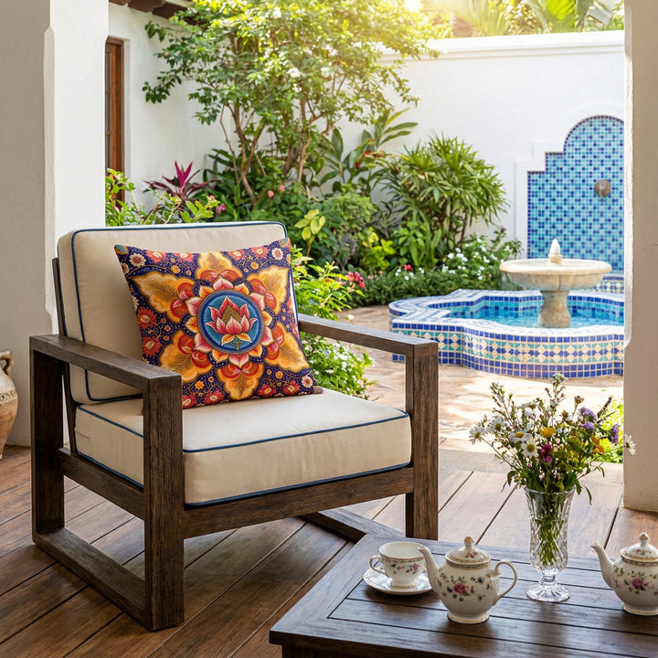 Photo professionnelle de décoration d'une maison créole,  gros plan de face sur un fauteuil moderne en bois rustique foncé , assises écrues finitions galons bleu, orné d'un large coussin mzelle design motif mandala coloré, bois au sol, table basse en bois noir avec un service à thé en porcelaine et un petit bouquet de fleurs sauvages.