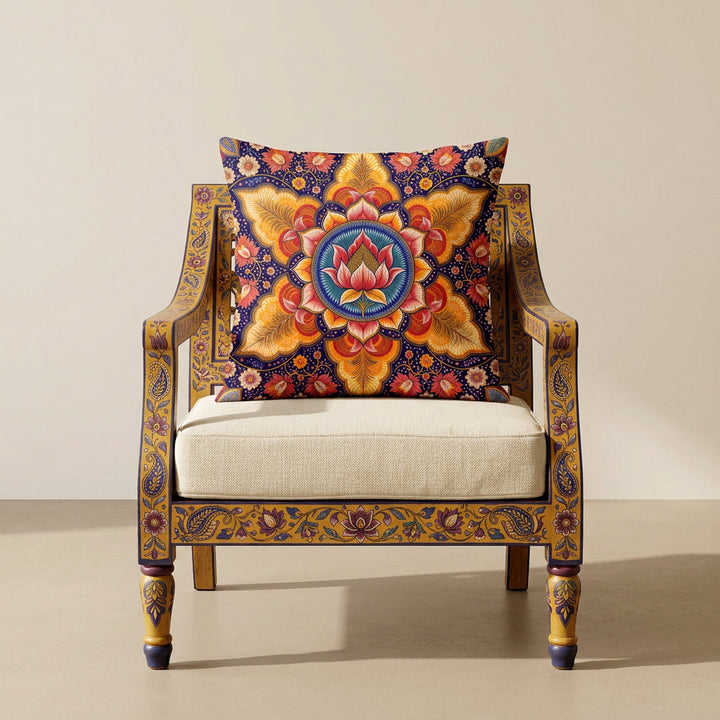 Photographie professionnelle de décoration, vue de face d'un superbe fauteuil Indien Style dravidien, assise en coton écru, structure en bois de manguier peint à la main de motifs floraux Indien jaune vif et bleu violet, ajouter un large coussin mzelle design motif mandala coloré.