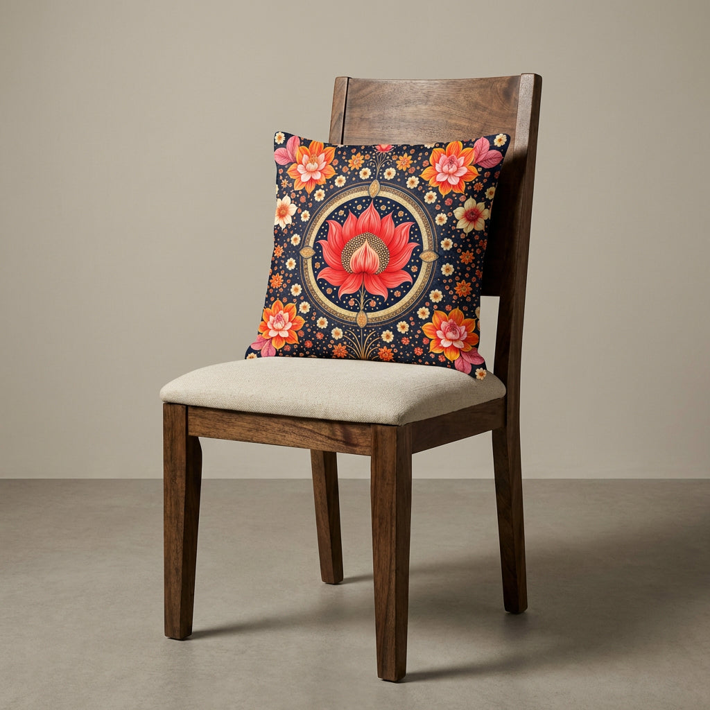 Photographie professionnelle extrêmement détaillée et de haute qualité d'un grand coussin mzelle design motif lotus indien disposé sur une chaise en bois de manguier vue de face, sans accoudoirs, dossier haut , assise en lin écru, disposé dans décor écru neutre. 