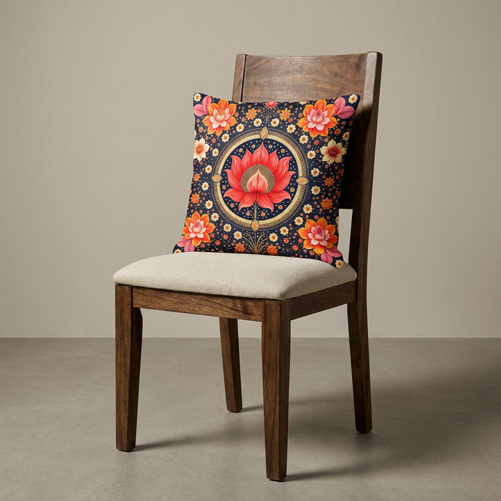 Photographie professionnelle extrêmement détaillée et de haute qualité d'un grand coussin mzelle design motif lotus indien disposé sur une chaise en bois de manguier vue de face, sans accoudoirs, dossier haut , assise en lin écru, disposé dans décor écru neutre. 