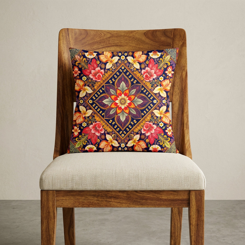 Photographie professionnelle extrêmement détaillée et de haute qualité d'un grand coussin mzelle design motif lotus indien disposé sur une chaise en bois de manguier vue de face, sans accoudoirs, dossier haut , assise en lin écru, disposé dans décor écru neutre. 