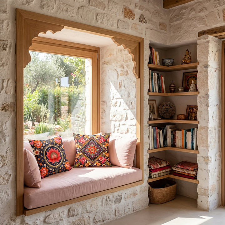 Photographie professionnelle décoration d'une villa India-Boho ensoleillée, montrant deux larges coussins mzelle design sur une banquette avec assises de lin rose pale, encastrée dans le mur formant une alcôve en bois inspirée des pavillons moghols, murs en pierres blanchies, bibliothèque d'angle asymétrique garnie de livres d'art, d'objets artisanaux.