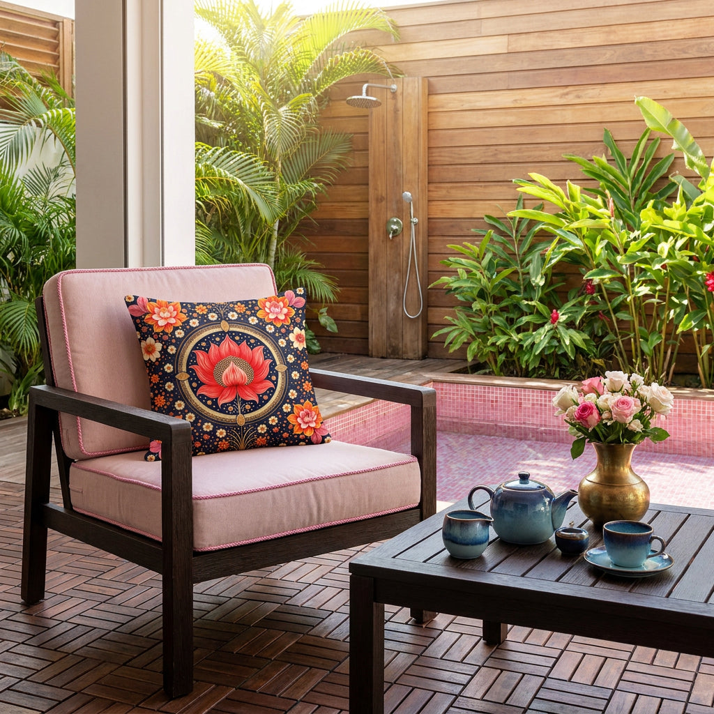 Photo professionnelle de décoration d'une maison créole en bois au soleil , gros plan de face sur un fauteuil moderne en bois de wengé, assises rose pâle finitions galons rose, orné d'un large coussin mzelle design motif mandala, dalles de caillebotis en bois foncé au sol, table basse assortie avec un service à thé. 