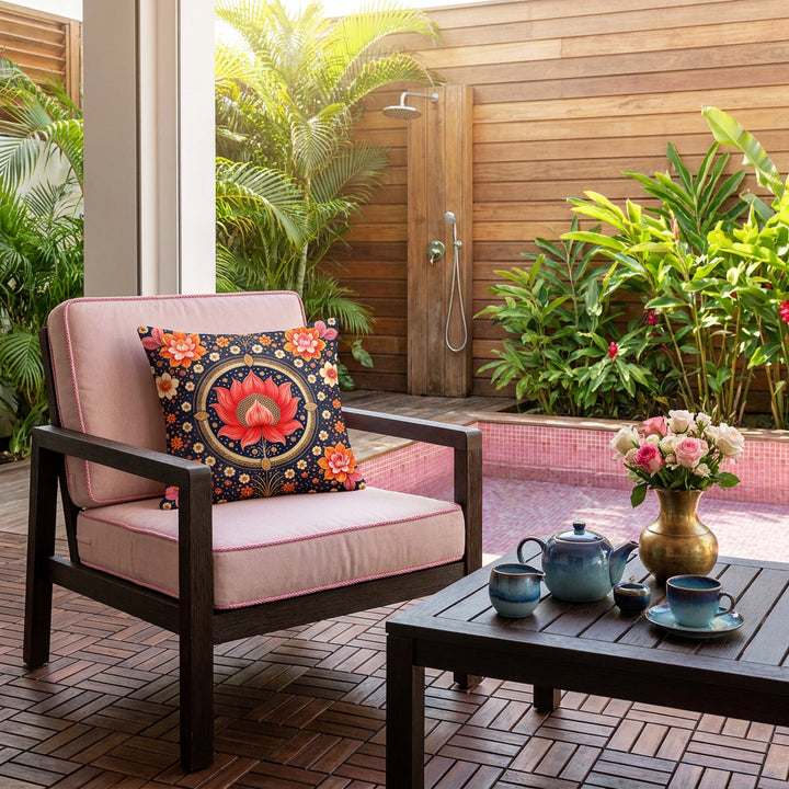 Photo professionnelle de décoration d'une maison créole en bois au soleil , gros plan de face sur un fauteuil moderne en bois de wengé, assises rose pâle finitions galons rose, orné d'un large coussin mzelle design motif mandala, dalles de caillebotis en bois foncé au sol, table basse assortie avec un service à thé. 