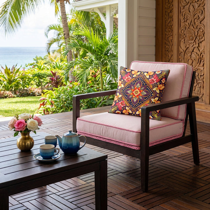 Photo professionnelle de décoration d'une maison créole en bois au soleil , gros plan de face sur un fauteuil moderne en bois de wengé, assises rose pâle finitions galons rose, orné d'un large coussin mzelle design motif mandala, dalles de caillebotis en bois foncé au sol, table basse assortie avec un service à thé. 