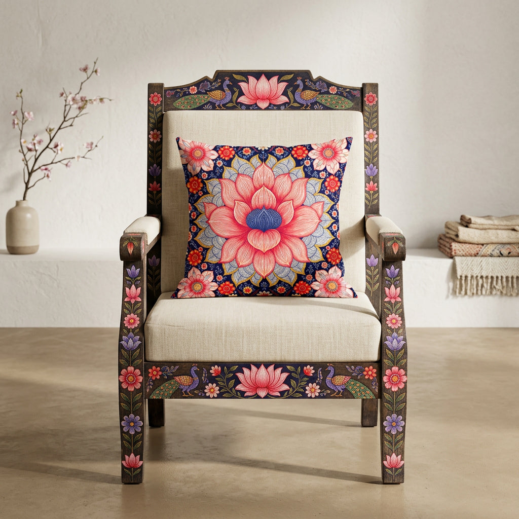 Photographie professionnelle de décoration, superbe fauteuil Indien Style dravidien, assise en coton écru, structure en bois de manguier peint ajouter un large coussin mzelle design motif mandala, disposé dans décor écru neutre.