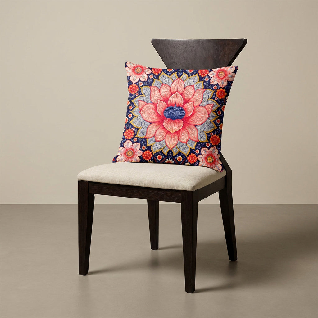 Photographie professionnelle extrêmement détaillée et de haute qualité d'un grand coussin mzelle design motif mandala disposé sur une chaise en bois de wengé vue de face, sans accoudoirs, dossier haut triangulaire, assise en lin écru, disposé dans décor écru neutre.