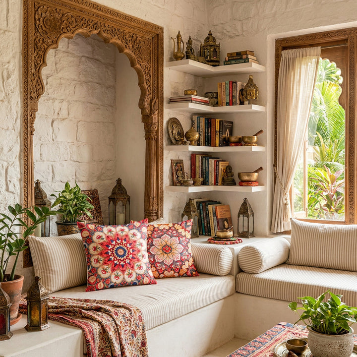 Photographie professionnelle décoration d'une villa d'inspiration India-Boho modernisée et ensoleillée, montrant deux larges coussins mzelle design motifs mandalas sur une banquette avec assises de lin finement rayé ecru et pale, encastrée dans le mur formant une alcôve en bois inspirée des pavillons moghols, murs en pierres blanchies, bibliothèque d'angle asymétrique.
