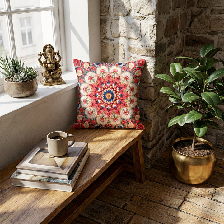 Photographie d’intérieur décoration de loft boho chic, vue en plongée en gros plan sur une banquette en bois de manguier orné d'un coussin mzelle design motif indien, adossé au mur sous une fenêtre , tasse de café en céramique émail mat posée sur une pile de livres d'art, ficus dans un pot en laiton.