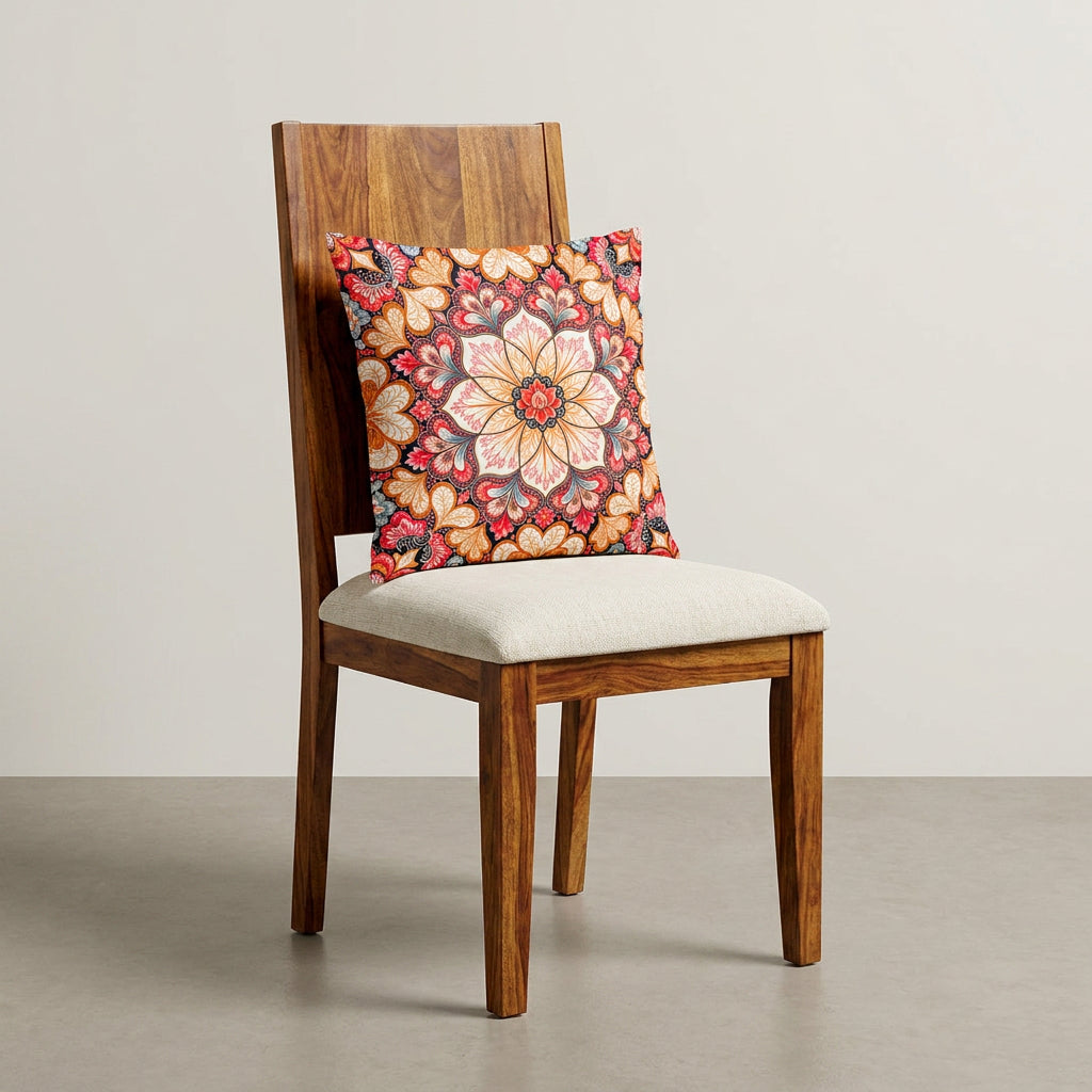 photographie professionnelle de mobilier de décoration, une chaiise épurée avec un coussin mzelle design motif mandala posé dessus, placé dans un décor neutre.