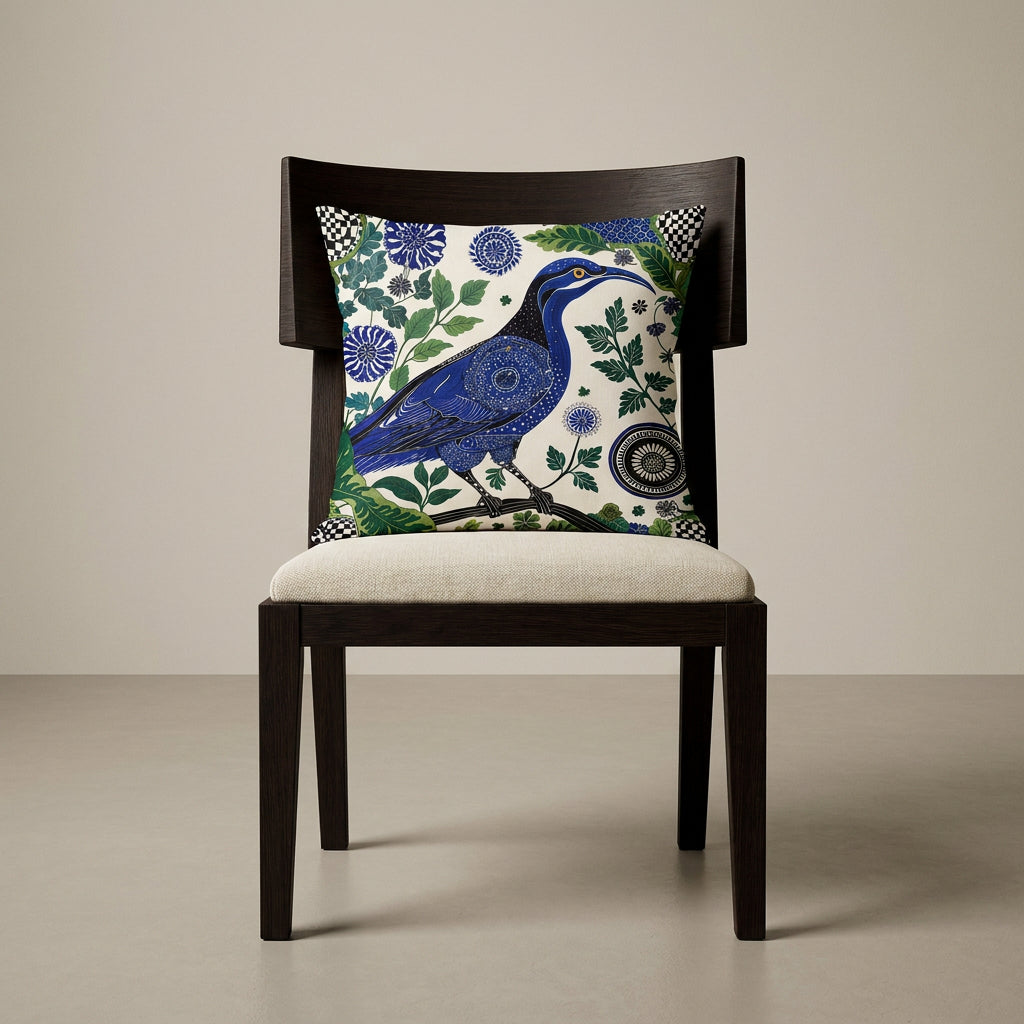 Photographie professionnelle extrêmement détaillée et de haute qualité d'un grand coussin mzelle design motif oiseau indien, disposé sur une chaise en bois de wengé vue de face, sans accoudoirs, dossier haut , assise en lin écru, disposé dans décor écru neutre.