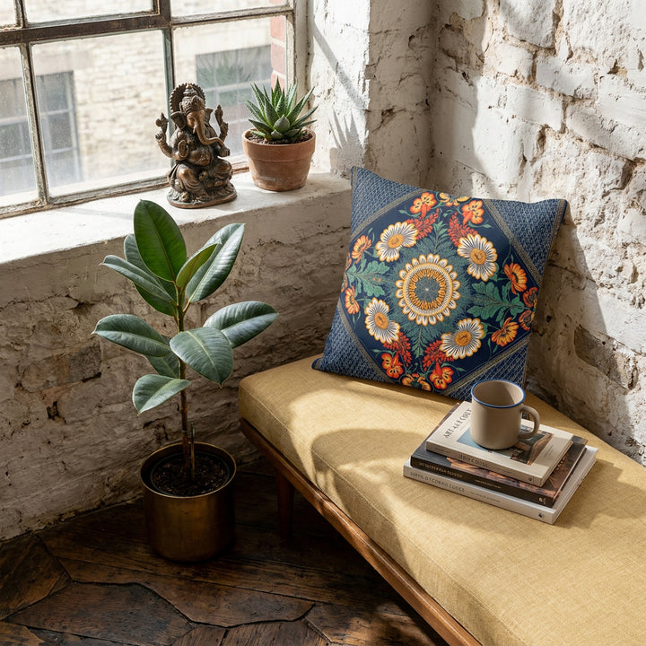 Photographie d’intérieur décoration de loft boho chic, gros plan sur une banquette en tissu lin jaune paille orné d'un coussin mzelle design motif indien, à côté d'une tasse de café en céramique émail mat posée sur une pile de livres d'art, ficus dans un pot en laiton sur le sol, mur blanchi en vieilles pierres.