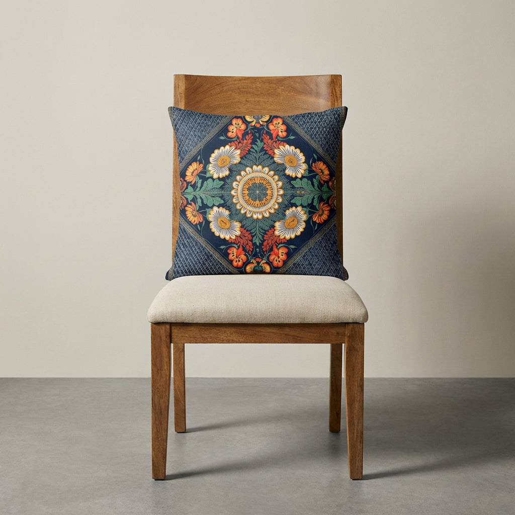 Photographie professionnelle extrêmement détaillée et de haute qualité d'un grand coussin mzelle design motif indien disposé sur une chaise en bois de manguier vue de face, sans accoudoirs, dossier haut , assise en lin écru, disposé dans décor écru neutre.