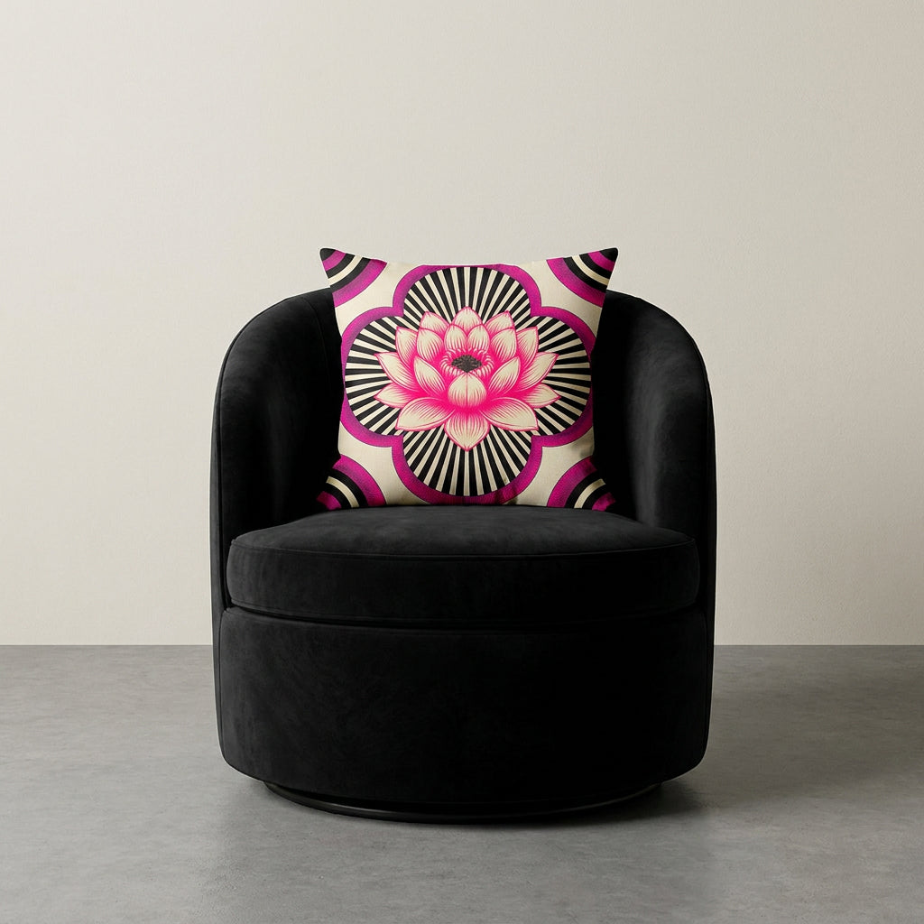 Photographie professionnelle extrêmement détaillée et de haute qualité d'un coussin mzelle design motif lotus, disposé sur un fauteuil 70's en velours noir , vue de face, sans accoudoirs, dossier arrondi, disposé dans décor écru neutre.