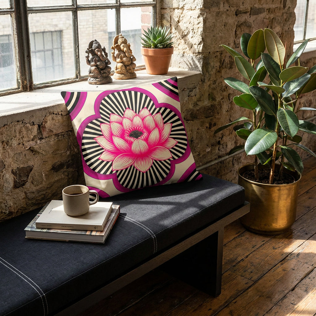 Photographie d’intérieur décoration de loft boho chic,  gros plan sur une banquette en bois noir, assise lin noir surpiqué de fil blanc, orné d'un grand coussin mzelle design motif lotus, adossé au mur sous une fenêtre industrielle, à côté d'une tasse de café en céramique émail mat posée sur une pile de livres d'art, ficus dans un pot en laiton.