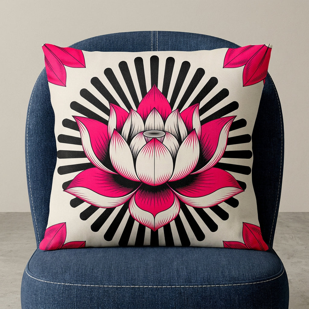 Photographie professionnelle d'un grand coussin mzelle design fleur de lotus stylisé disposé sur un fauteuil crapaud moderne en denim bleu foncé surpiqué de fil blanc, vue de face, sans accoudoirs, dossier arrondi, disposé dans décor écru neutre.