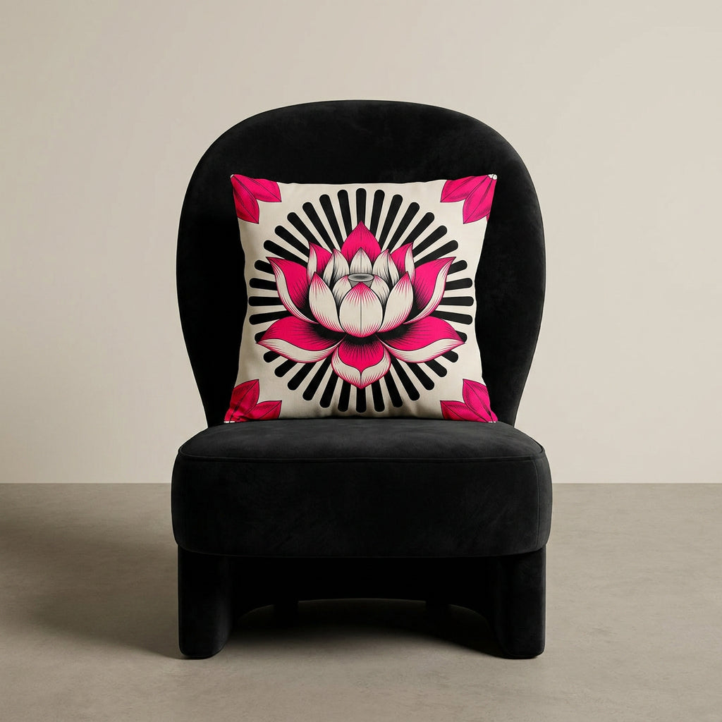 Photographie professionnelle extrêmement détaillée et de haute qualité d'un coussin mzelle design motif lotus graphique, disposé sur un fauteuil 70's en velours noir , vue de face, sans accoudoirs, dossier arrondi, disposé dans décor écru neutre.