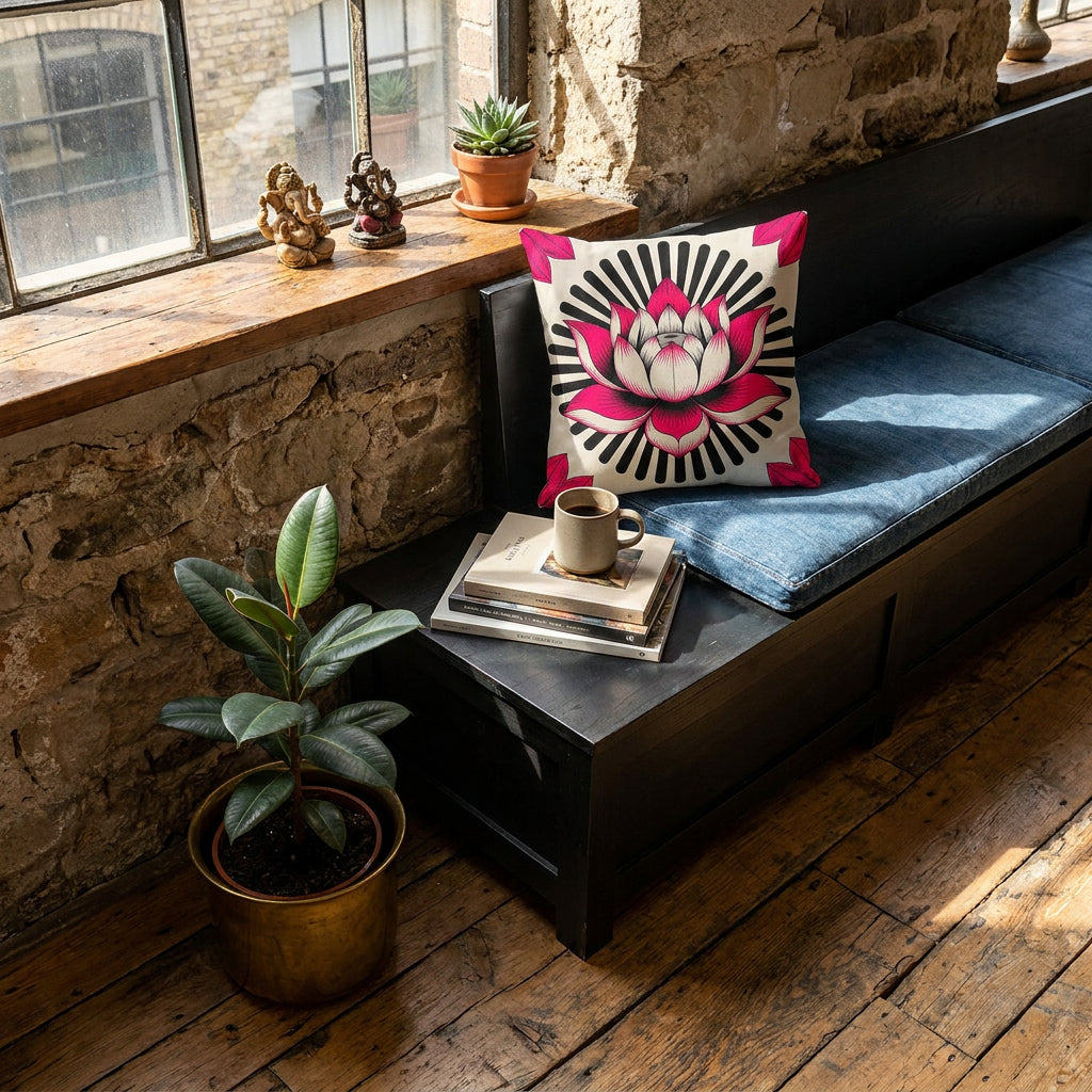 Photographie d’intérieur décoration de loft boho chic, vue en plongée en gros plan sur une banquette en bois noir, assise en denim, orné d'un coussin mzelle design motif lotus adossé au mur sous une fenêtre industrielle, à côté d'une tasse de café en céramique émail mat posée sur une pile de livres d'art, ficus dans un pot en laiton sur le sol, mur brut en vieilles pierres.