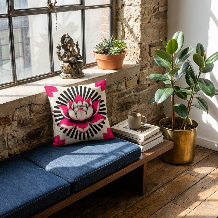 Photographie d’intérieur décoration de loft boho chic, vue en plongée en gros plan sur une banquette en bois noir, assise en denim, orné d'un coussin mzelle design motif lotus adossé au mur sous une fenêtre industrielle, à côté d'une tasse de café en céramique émail mat posée sur une pile de livres d'art, ficus dans un pot en laiton sur le sol, mur brut en vieilles pierres.