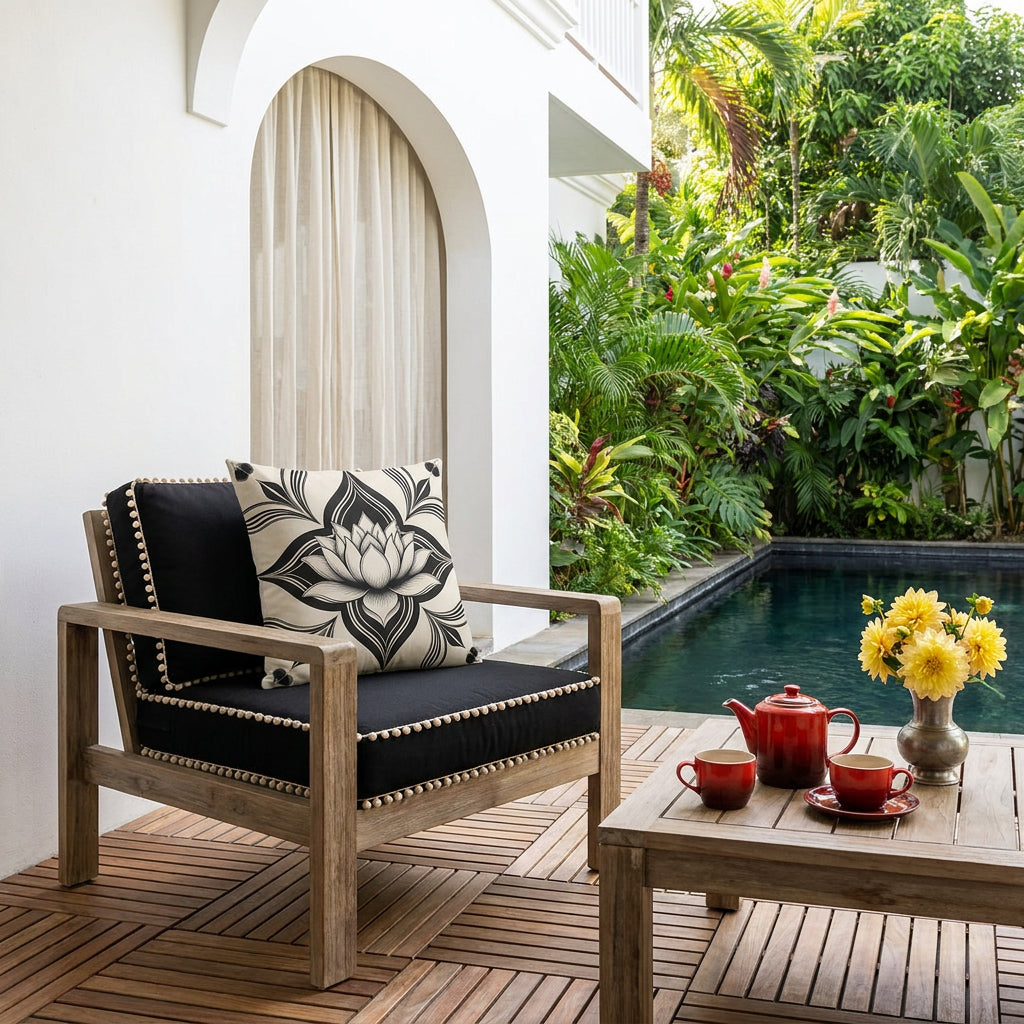 Scène baignée de soleil , gros plan de face sur un fauteuil moderne en bois flotté , assises noires finitions petits pompons écrus, orné d'un large coussin mzelle design motif lotus, dalles de caillebotis en bois au sol, table basse assortie avec un service à thé en grès rouge dégradé et un petit bouquet de dahlias jaunes dans un vase en étain, en arrière plan jardin tropical et piscine foncée.