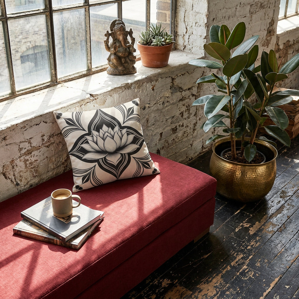 Photographie d’intérieur décoration de loft boho chic, vue en plongée en gros plan sur une banquette en tissu lin rouge carmin orné d'un coussin mzelle design motif lotus, adossé au mur sous une fenêtre industrielle, à côté d'une tasse de café en céramique émail mat posée sur une pile de livres d'art, ficus dans un pot en laiton sur le sol, mur blanchi en vieilles pierres.